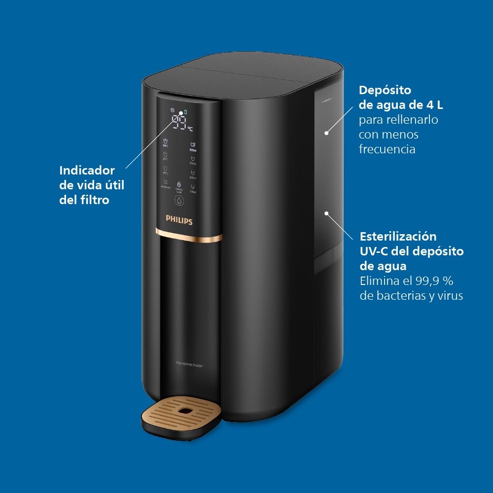 Philips Water Dispensador de agua por ósmosis inversa ADD6901HBK01/10 con sistema UV-C, elimina hasta 110 sustancias, calentamiento instantáneo, vida útil del filtro 1 año