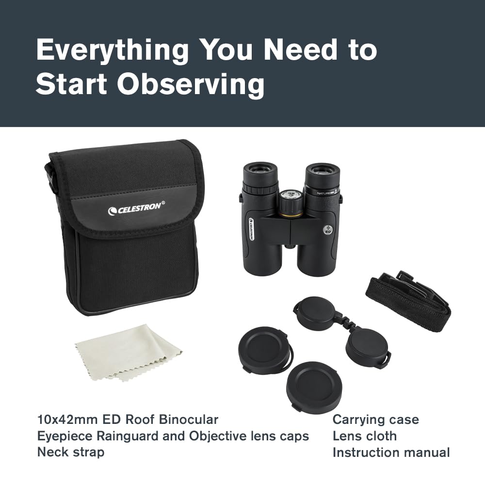 Celestron 72333 Nature DX ED 10x42: prismáticos con lentes objetivo con dispersión baja, exteriores y aves, revestimiento múltiple completo y prismas BaK-4, carcasa revestida resistente al agua y vaho