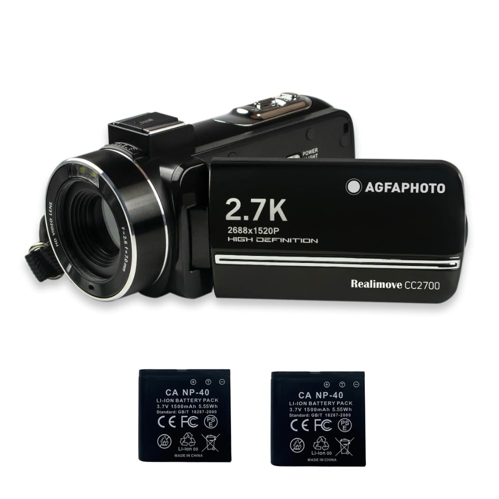AgfaPhoto Realimove CC2700 - Videocámara de vídeo de 2,7 K, Fotos de 24 MP, Pantalla táctil IPS de 3,0 Pulgadas, Zoom Digital 18X, luz LED, Mando a Distancia, 2 Pilas de Litio