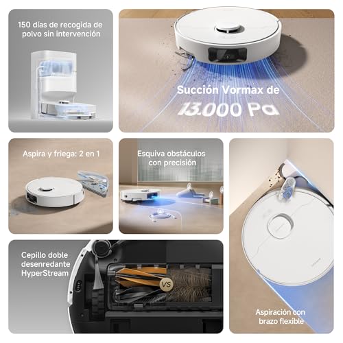 DREAME D20 Pro Plus Robot Aspirador y Fregado 2 en 1, 13.000 Pa, Cepillo Doble para Pelo de Mascotas, Limpieza de Esquinas, Vaciado, Navegación LDS, Esquiva con Láser, Suelos Duros/Alfombras, 5200 mAh