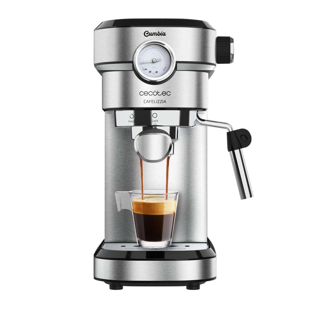Cecotec Cafetera para Espressos y Cappuccino Cafelizzia 790 Steel Pro. 1350W, Manometro, Sistema Thermoblock, 20 Bares, Modo Auto para 1-2 Cafés, Vaporizador Orientable, 1.1L, Color Acero
