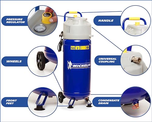 MICHELIN - Compresor de aire vertical MVX50/2 - Tanque de 50 litros - Sin aceite - Motor de 2 CV - Presión máxima 10 bar - Flujo de aire 220 l/min - 13,2 m³/h