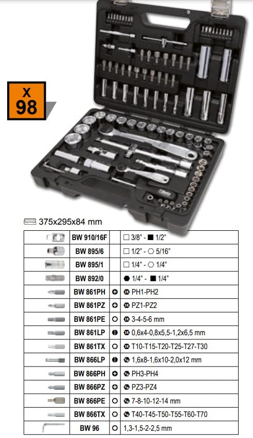 BETA BW 903E/C98 - Juego de llaves de vaso (45 piezas, 35 puntas de destornillador, 4 llaves hexagonales dobladas y 14 accesorios, en caja de plástico)