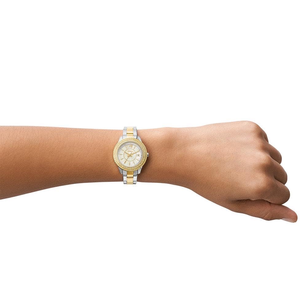 Fossil Stella Reloj para mujer, movimiento de cuarzo con correa de acero o piel, Tono plateado y dorado con purpurina, 30MM