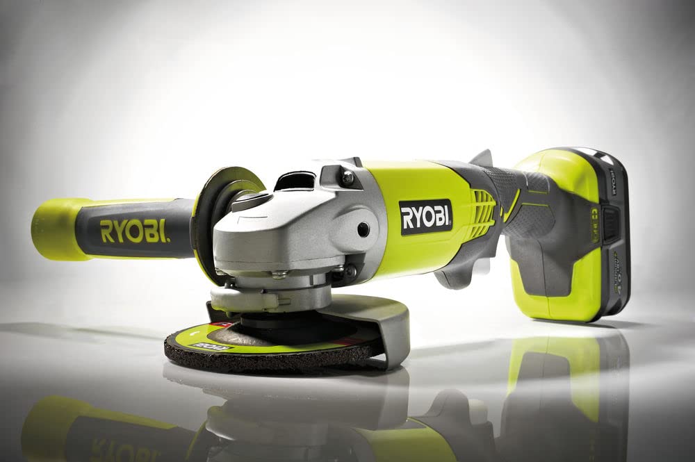 RYOBI - Amoladora 18V ONE+ Ø 115 mm, 7500 rpm - Empuñadura auxiliar - Se suministra con 1 batería de litio+ 4,0 Ah, 1 cargador rápido 2,0 A, 1 bolsa de transporte y 1 disco de amolar - R18AG-140S