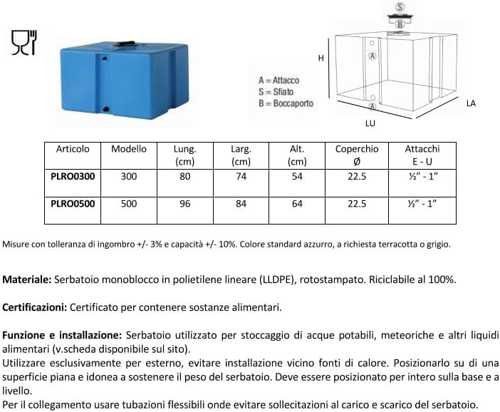 Depósito de Polietileno Certificado para Agua Potable paralelepípedo Rectangular bajo Mod. 300 litros Gris Made in Italy