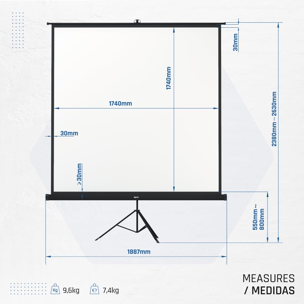 iggual Pantalla Proyección 100" Cuadrada-Portátil Manual Enrollable con Trípode- Visión 180º- Compatible 4K y Cualquier Proyector- Altura Ajustable- Bolsa Transporte y Trípode Incluido (180x180 cm)