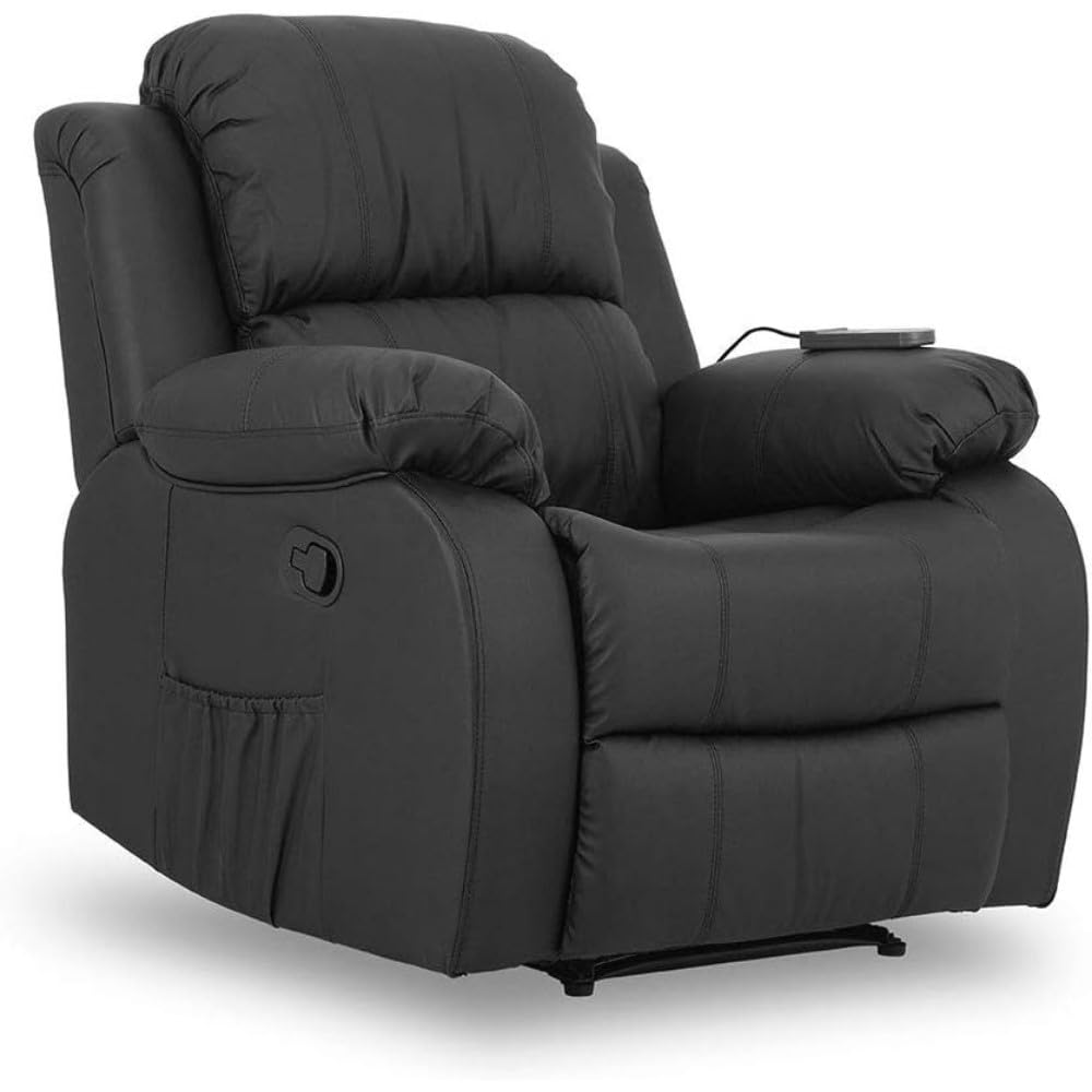 Don Descanso - Sillón Masaje Relax Calor Trevi Negro Reclinable 160º con 8 Motores Silenciosos, Calor Lumbar, Sist. Masaje 4 Zonas y Acabado en PU Anti-Cuarteo [Incluye Mando]. Ideal Gente Mayor