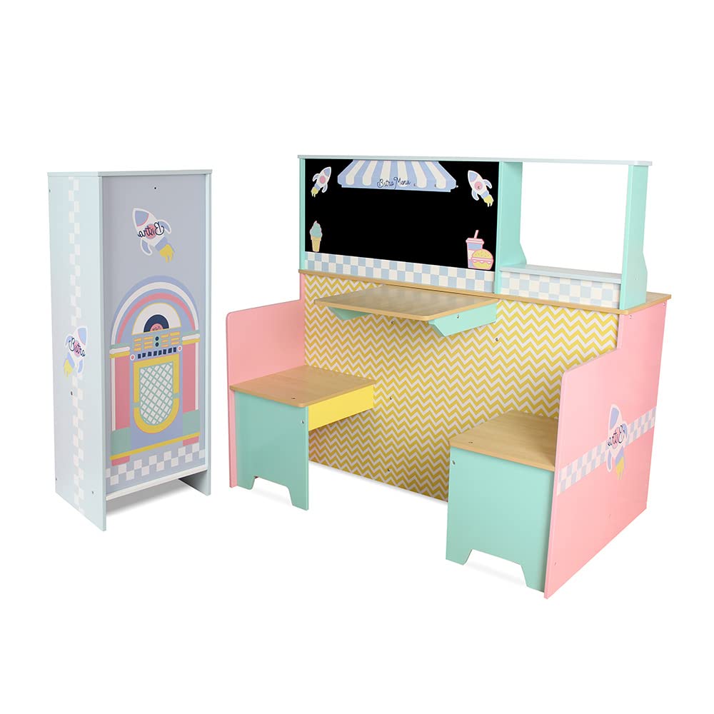 DEQUBE -Cocina Restaurante de Madera 4 módulos 2 en 1 con luz y Sonido -con Todo lo Necesario de una Cocina y de un Restaurante con Asientos y Mesa -con Accesorios metálicos - 90X81X82 cm (913D00015)