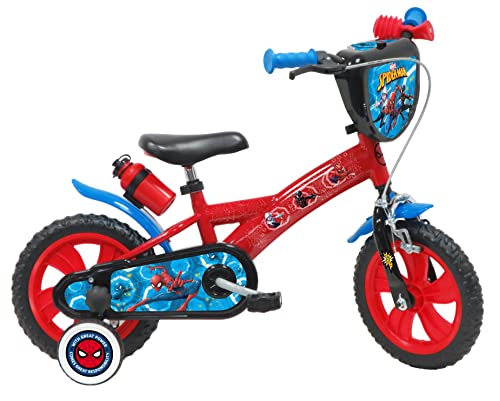 A.T.L.A.S. Bicicleta de 12 Pulgadas Equipada con 1 Freno, Placa Frontal Decorativa, Guardabarros, cárter, estabilizadores y Casco Spiderman Incluido Delantera, Niños, Rojo idéntico a Las Fotos, 12''