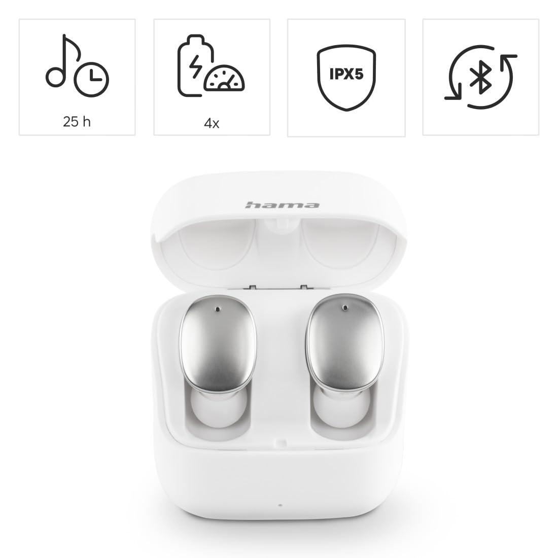 Hama | Auriculares Bluetooth (Control táctil, Resistente a Salpicaduras IPX5, Comandos de Voz, Batería Duradera) Color Blanco