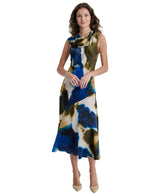 DKNY Sleeveless Printed Tie Neck Vestido, Remolino de Tinta explotado, M Mujeres
