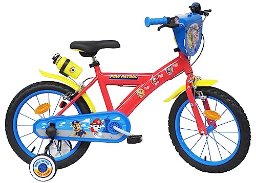 Vélo ATLAS 16 Bicicleta Infantil Pulgadas, Pat, Equipada con 2 Frenos, bidón/portabidón Guardabarros, Placa Frontal, estabilizadores extraíbles + Casco Patrulla Canina Incluido, Niños, Rojo