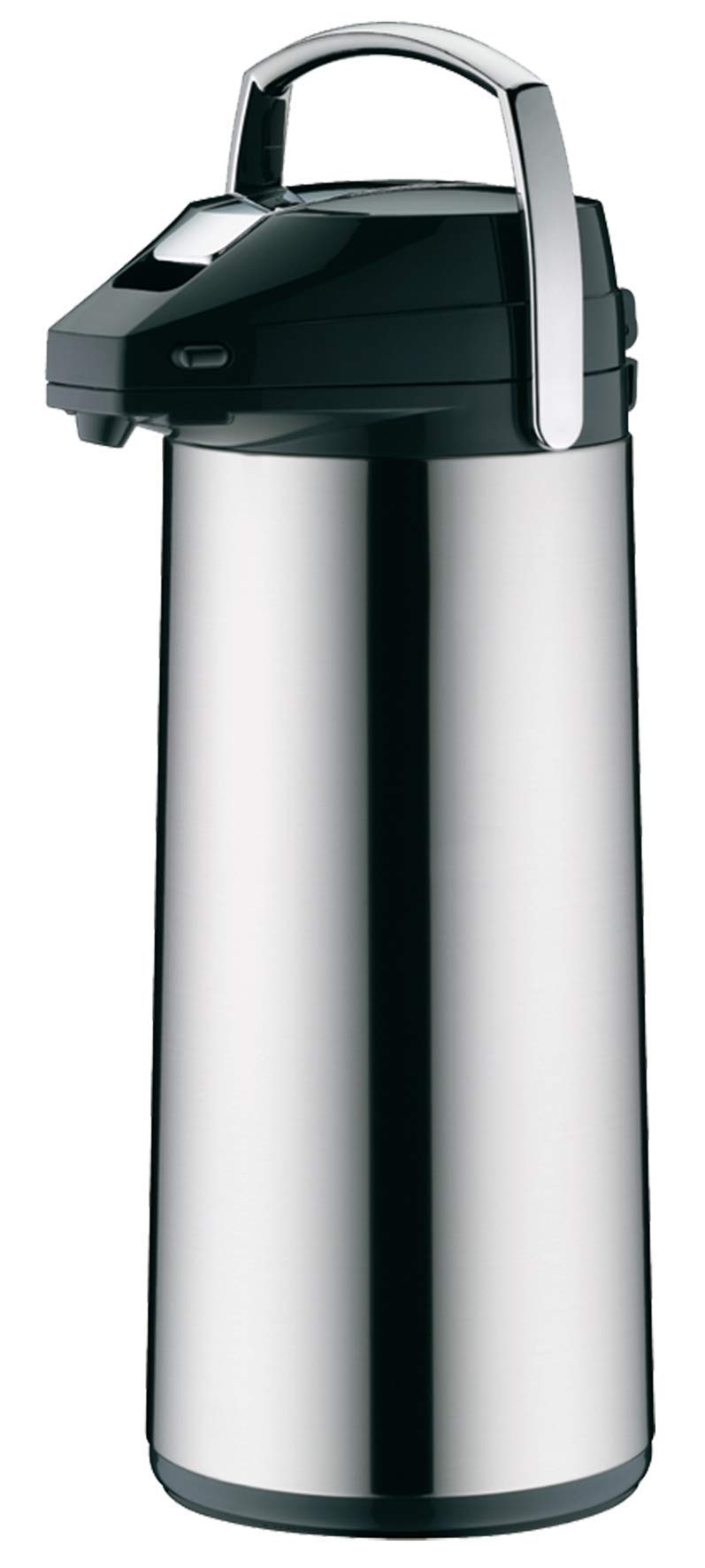 alfi GETRÄNKESPENDER 2,2 l, jarra con bomba de acero inoxidable pulido con inserción de vidrio duro, bomba integrada, mantiene el calor 12 horas y el frío 24 horas, 24 tazas, fondo 360°, para catering