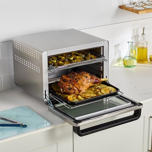 Ninja Foodi Horno multifunción 10 en 1, Mini horno portátil para encimeras y superficies de trabajo, 10 funciones de cocción, Freír con aire, Asar, Parrilla, Hornear y más, en plata y negro, DT200EU