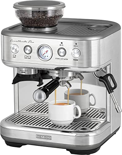 cafetera automatica con molinillo Sencor - cafetera grano con molinillo Barista Express, acero inoxidable cepillado, tanque de agua y café de gran capacidad, boquilla de vapor de cappuccino SES 6010SS