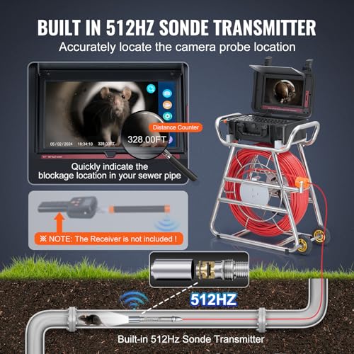 VEVOR Cámara de Alcantarillado, 100 m, Cámara de Drenaje Autonivelante con Pantalla Táctil, Transmisor de 512 Hz y Contador de Distancia, con Luces, 12 LED, Tarjeta de 32 GB, 555 × 275 × 665 mm