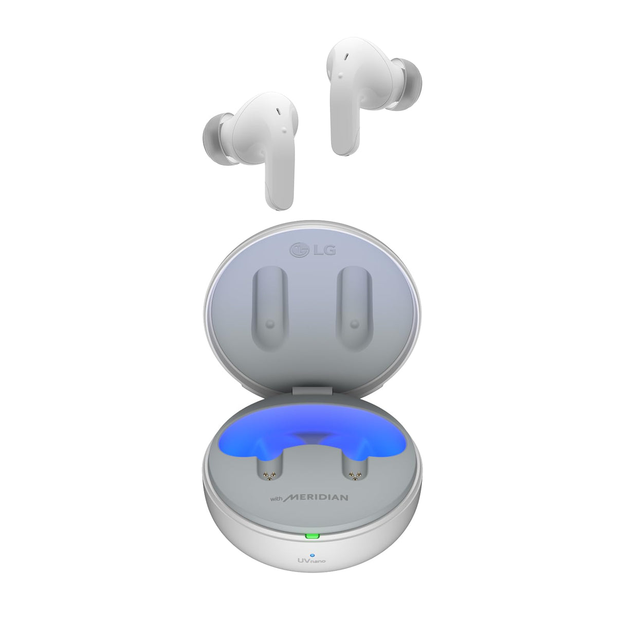 LG Electronics Auriculares Tone Free DT80Q, Bluetooth 5.2 con Sistema de Sonido Meridian y Función de Carga Rápida, Blanco