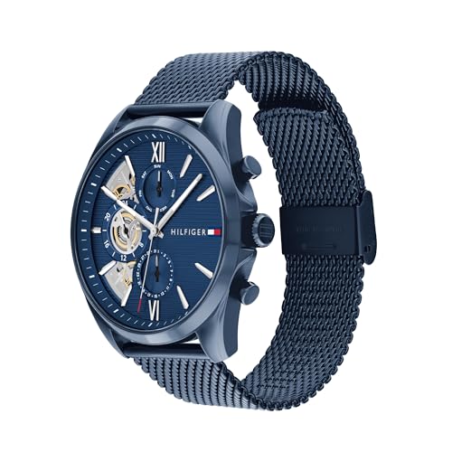 Tommy Hilfiger Reloj Analógico de Cuarzo Multifunción para Hombre con Correa de Malla de Acero Inoxidable Azul - 1710648