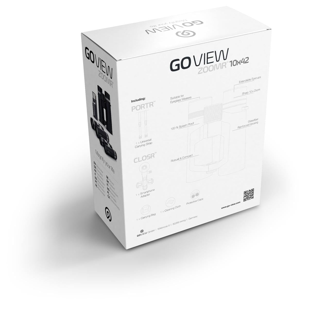 GoView ZOOMR 10x42 prismáticos para Actividades al Aire Libre, Naturaleza, observación de Vida Salvaje, Viajes (Zoom de 10 aumentos, Gran Campo de visión, Incluye Set de Accesorios) Phantom Negro