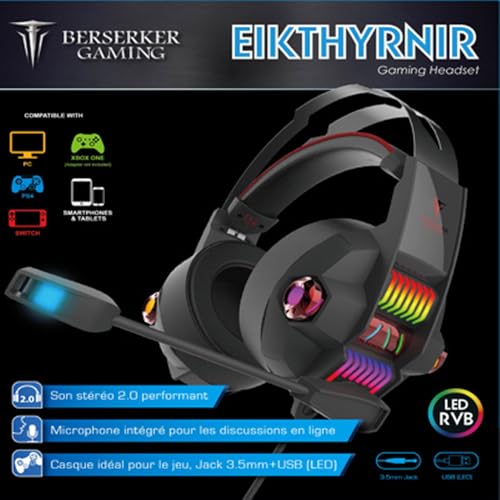 BERSERKER Auriculares Gaming con Micrófono, 40mm, Cable 2.1m, RGB LED, Compatible con PS4/Xbox One/Switch/PC