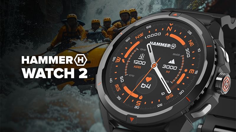 Hammer Watch 2 smartwatch, Pantalla AMOLED+ Gorilla Glass, GPS, 530 mAh, hasta 13 días de Funcionamiento, Modo Deportivo, Linterna integrada, Robusto, Apto para Uso en Exteriores