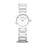 BERING 11429-754 Reloj de cuarzo para mujer con caja de acero inoxidable plateado de 29 mm, esfera blanca, brazalete de acero inoxidable con detalles de cerámica, resistencia al agua de 5 ATM