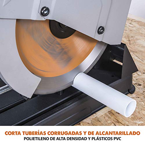 Evolution Power Tools - R355CPS Sierra tronzadora multimaterial, Corta acero dulce, aluminio, plástico, incluso madera con clavos incrustados, 355 mm