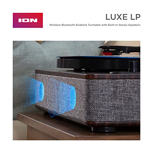 ION Audio Luxe LP - Tocadiscos de Vinilo Bluetooth con Altavoces, conversión USB, Plato de tamaño Completo, Auto-Stop, Salida de Auriculares, 3 velocidades, Madera Tintada