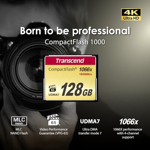 Transcend 128GB CompactFlash 1000 Memory Card, hasta 160/120 MB/s, Suitable para grabación de Video en resolución Ultra Alta Full HD, 3D y 4K UHDTV TS128GCF1000
