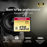 Transcend 128GB CompactFlash 1000 Memory Card, hasta 160/120 MB/s, Suitable para grabación de Video en resolución Ultra Alta Full HD, 3D y 4K UHDTV TS128GCF1000