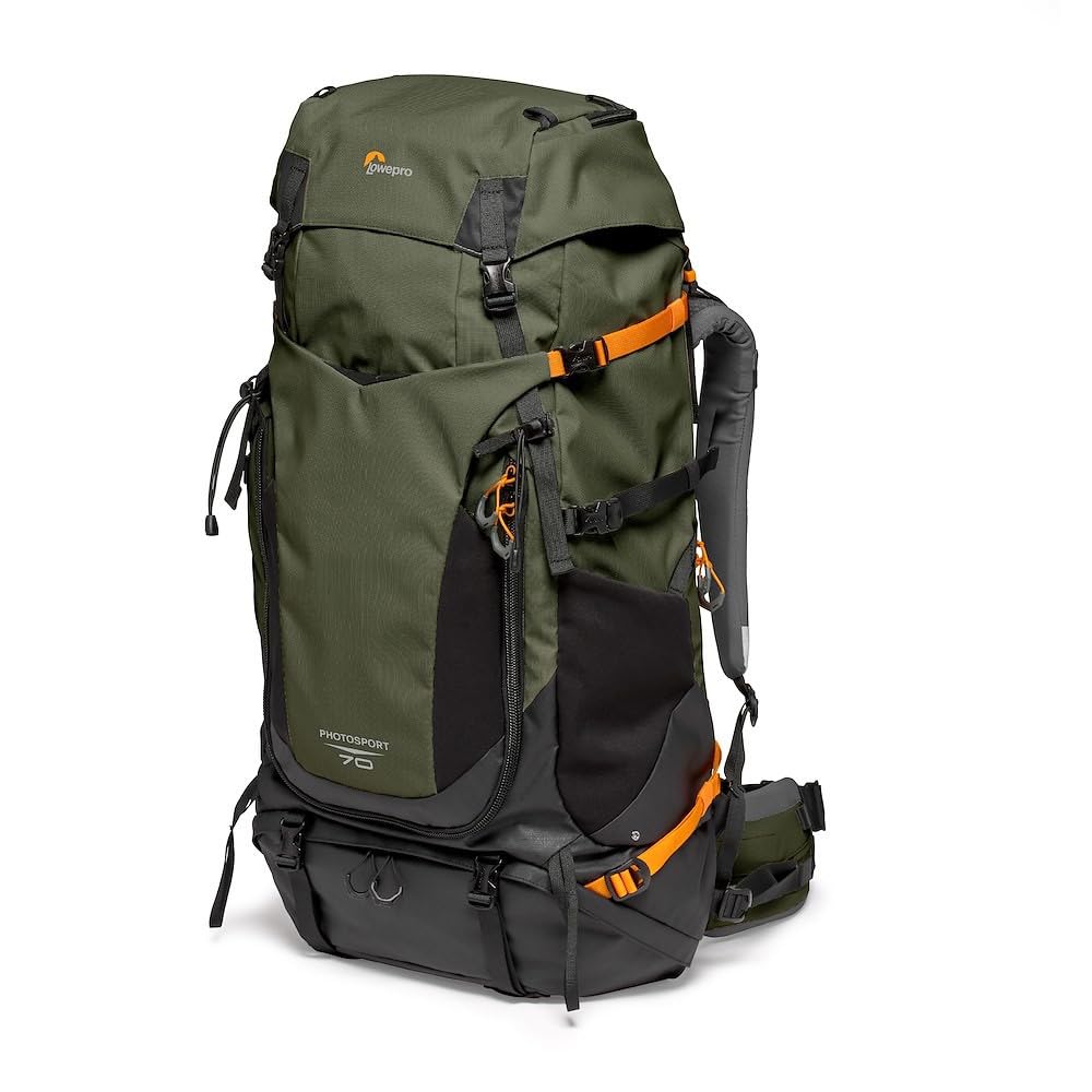 Lowepro PhotoSport PRO BP 70L AW IV - Mochila para cámaras réflex sin espejo, acceso delantero/trasero, compartimento extraíble para cámara, correas para accesorios, talla S/M, gris oscuro/verde
