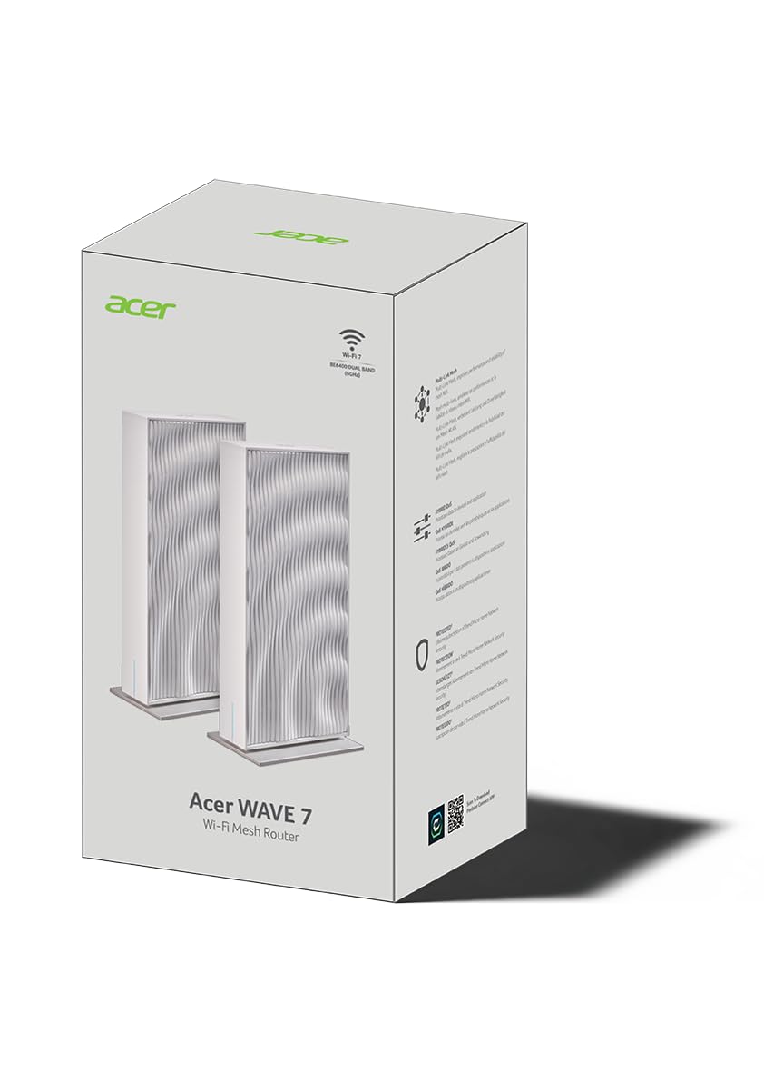 Acer - Lote de 2 routers de Malla WiFi Connect W7, WiFi 7 hasta 6,4 Gbps, Sistema de Malla, MLO, soporta 6 GHz, 5 GHz, 2,4 GHz y 320 MHz, múltiples Puertos ethernet