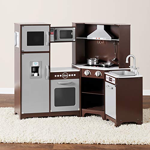 Amazon Basics Cocina de juguete, forma esquinada, de madera, con puertas interactivas, pomos y luces, 99 x 71 x 89 cm, color marrón espresso y gris