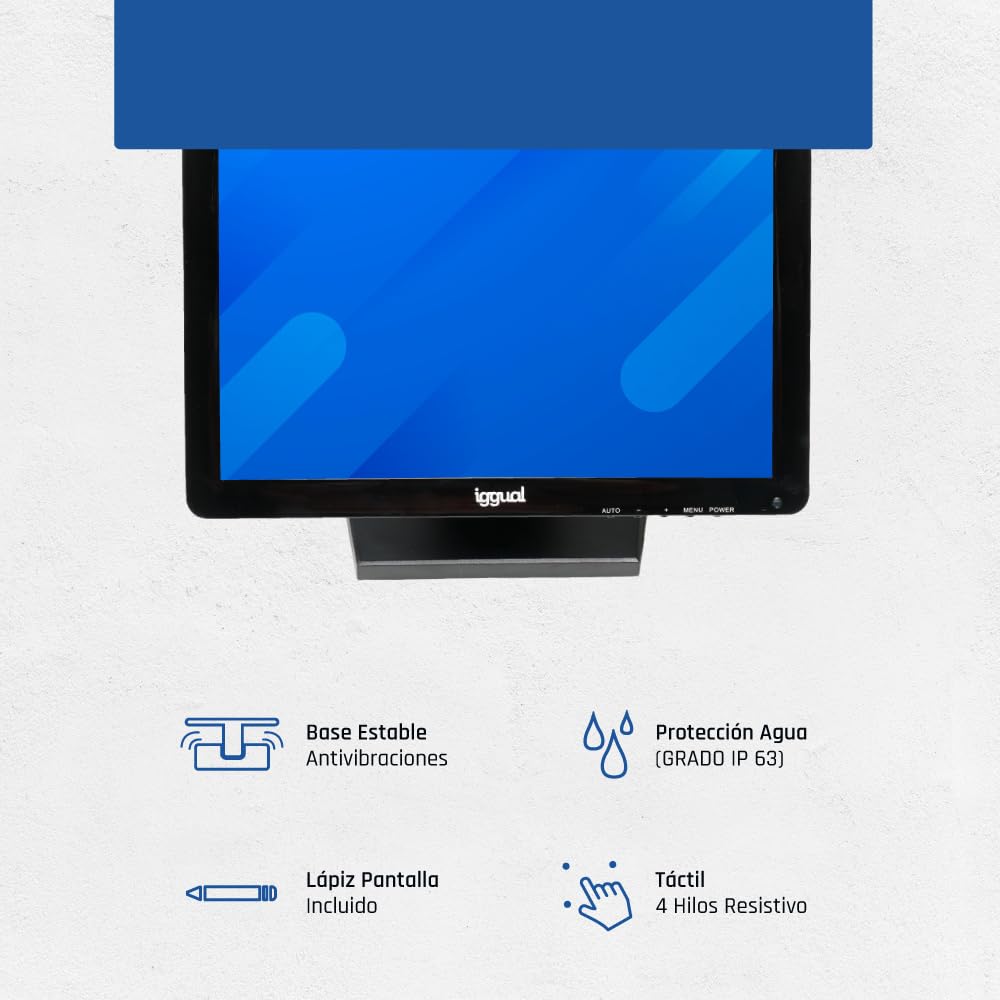 iggual Monitor Táctil de 15" - Compat Aplicaciones TPV- Panel Resistivo 75Hz TFT LCD (4:3)- SO: Wind XP hasta 11,MS-Dos, Linux- VESA 75x75mm- USB-A + VGA+HDMI, 1.024x768 XGA (349x274x69) MTL15C