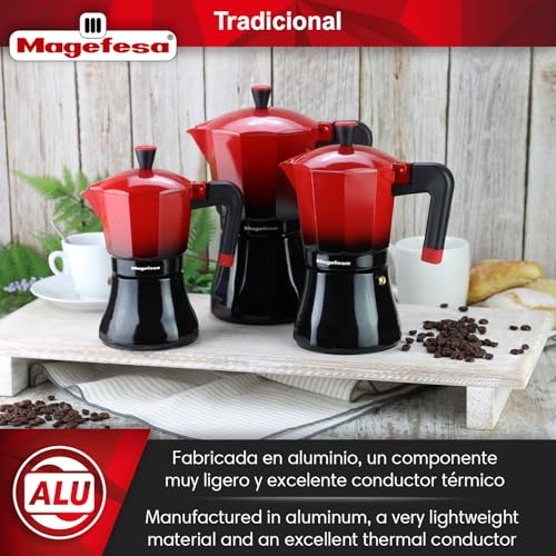 MAGEFESA Tradicional - Cafetera Italiana Negra y Roja, 9 Tazas, 450ml, Acero Inoxidable y Aluminio, Todo Tipo de Cocinas, Induccion, Mango Toque Frío