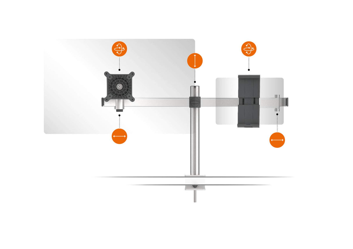 Durable Soporte de mesa Pro para 1 monitor de 21-27" y 1 tableta de 7-13", con paso de mesa, giratorio en 360°, inclinable, ajustable en altura, 508823, plata
