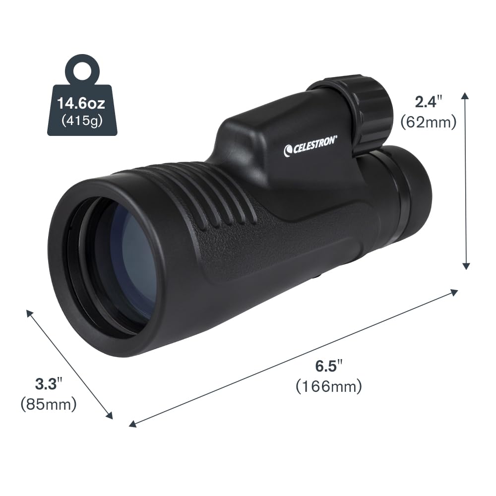 Celestron 72370 Outland X Monocular Resistente Agua 10x50 y Adaptador Smartphone, Bluetooth Remoto, Tapas oculares y Funda - Carcasa Resistente, Prisma BaK-4 y óptica Revestimiento múltiple, Negro