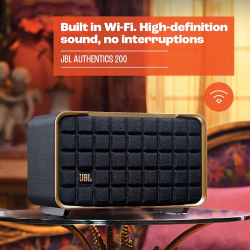 JBL Authentics 200, altavoz inteligente con tecnología Bluetooth, diseño retro, con cuadrícula gris, Wi-Fi integrado, Google Assistant, Amazon Alexa, AirPlay, JBL One App, negro
