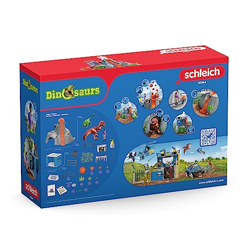 Schleich Dinosaurs 42564 — Set Campamento Base de Expedición con Dinosaurios de Juguetes — Incluye Volcán en Erupción LED, Exploradores y 2 Figuras de Dinosaurios — Juguetes para Niños 5 Años o Más