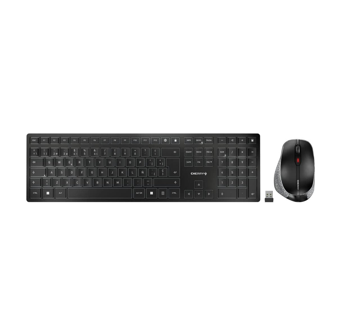 CHERRY DW 9500 SLIM, Set Inalámbrico de Escritorio, Teclado Español (QWERTY), Conexión Inalámbrica Bluetooth o 2.4 GHz, Ratón Ergonómico para Diestro, Negro/Gris