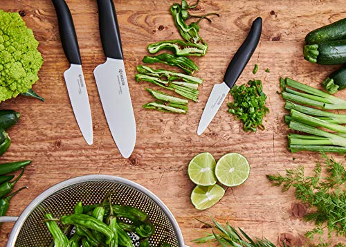 KYOCERA Juego de cuchillos de cerámica con cuchillo de pelar GEN, cuchillo multiusos, cuchillo universal y cuchillo Santoku y bloque de cuchillos redondo para 8 cuchillos, KB-RD BK 4KN FK EU
