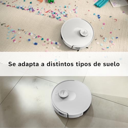 Bosch - Robot Aspirador Spotless +, BCRD1W, aspira y friega, Potencia 11.000 Pa², Almohadilla húmeda Fija, estación Seca, Sistema Inteligente de visión por Infrarrojos, Bosch Home Connect App, Blanco