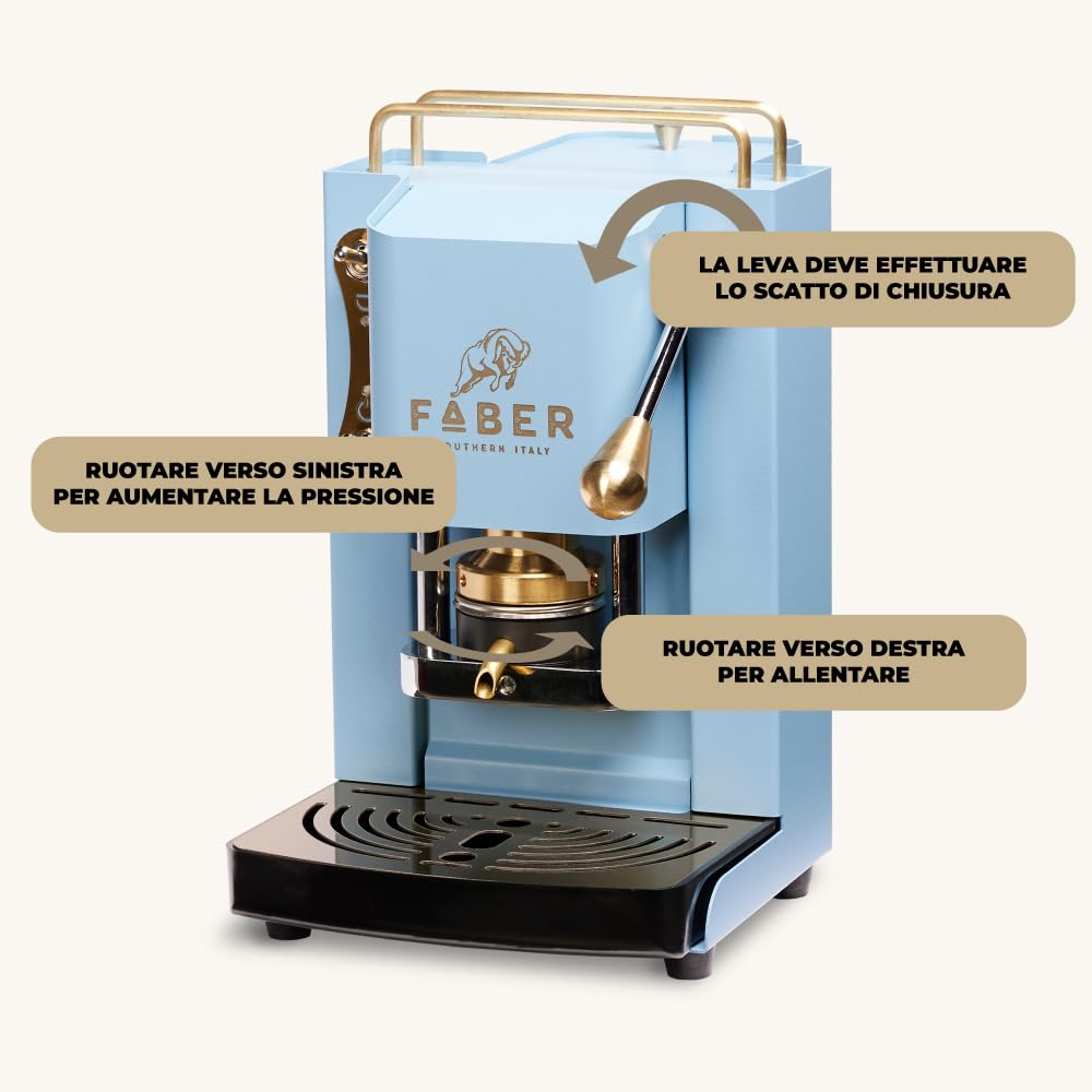 FABER COFFEE MACHINES | Modelo Pro Mini Deluxe | Cafetera monodosis ese 44 mm | | Prensacialda de latón ajustable (TURQUOISE)