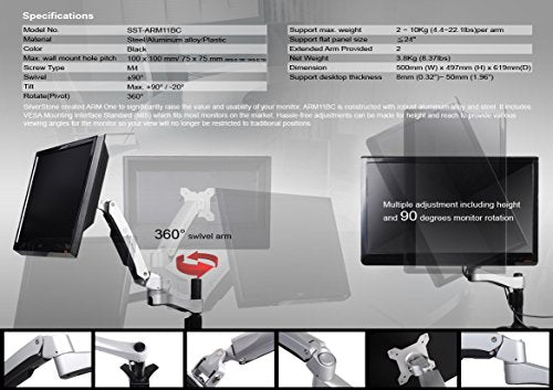 SilverStone SST-ARM11BC - Bracket para montaje de un brazo para monitor LCD LED, Ajustable, con rotación de 360º, brazo basculante arriba/abajo 90º,izquierda/derecha 90º & 180º Max VESA100x100,negro