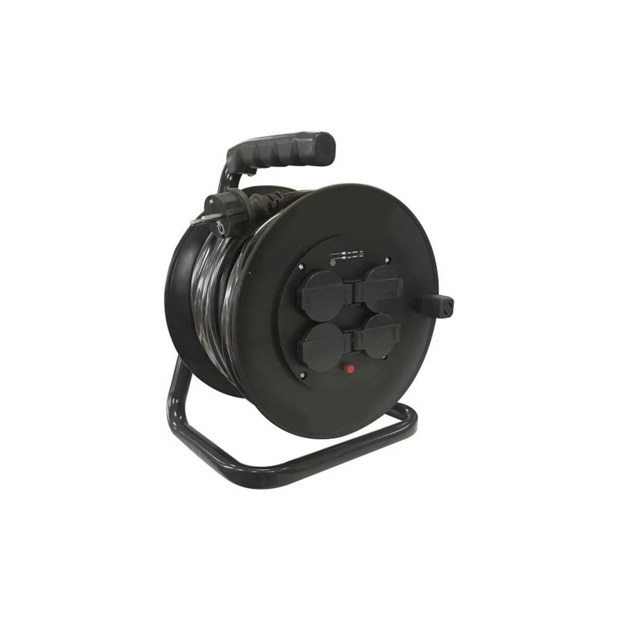 Cable eléctrico enrollable 50m con 4 tomas IP44, 3x1.5mm², 16A carrete extensible para uso exterior e interior