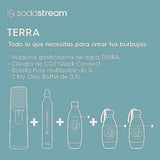 SodaStream Terra Pack - Máquina Gasificadora de Agua Color Negro, Incluye 1 Botella Fuse de 1L 2 Botellas Fuse de 0,5L y 1 Cilindro de Gas Color Rosa, Para Preparar Hasta 60L de Agua con Gas