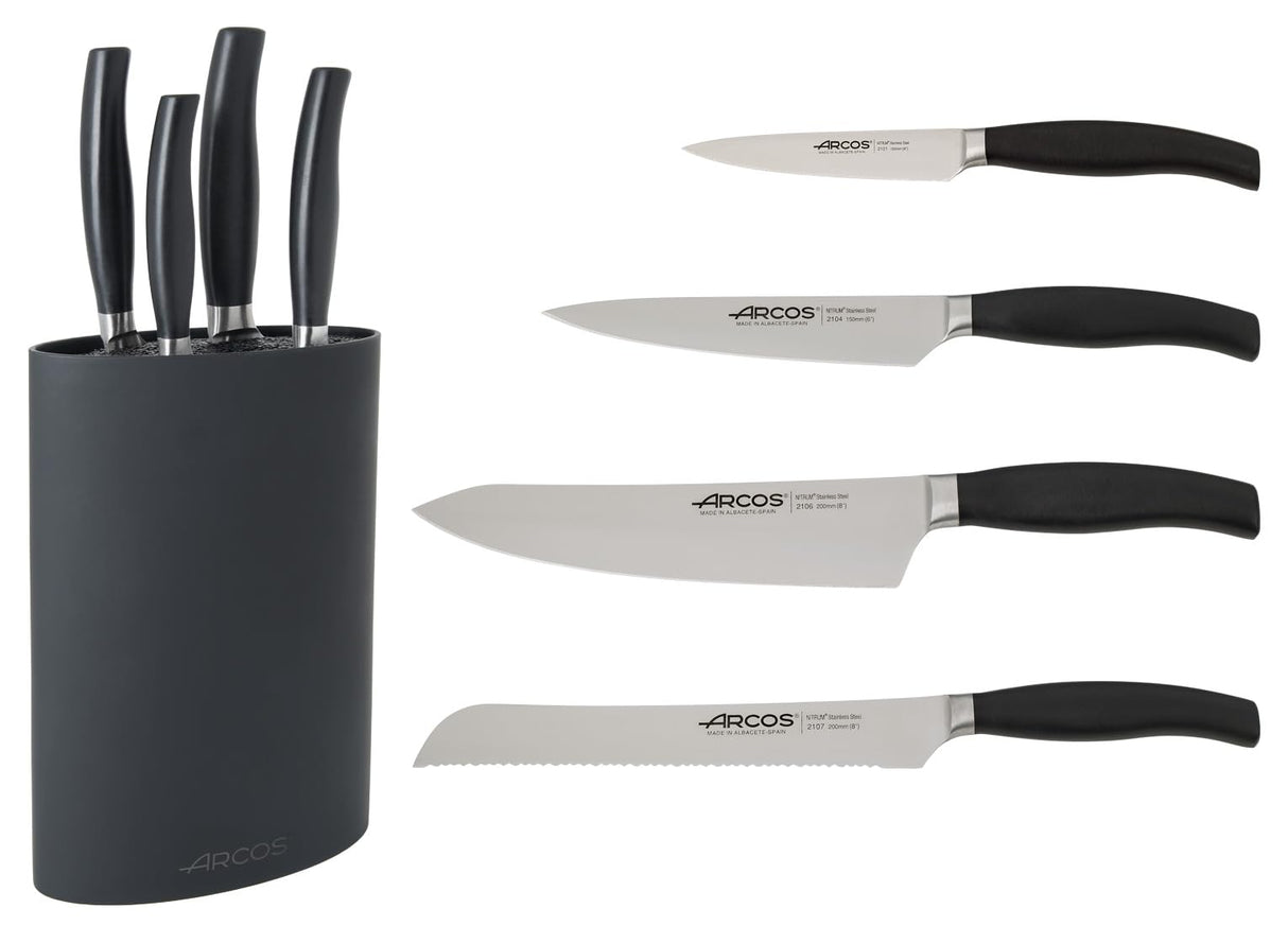Arcos Juego Cuchillos Cocina Forjados 4 Piezas (Cuchillo Pelador + Cuchillo Cocina + Cuchillo Chef + Cuchillo Pan) Acero Inoxidable Nitrum, Mango Polipropileno POM, Serie Clara, Color Negro