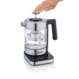 Hervidor de agua de cristal GRAEF WK350, 1 litro, diseño de alta calidad, cristal Schott Duran, acero inoxidable, ajuste de temperatura, colador de té, iluminación LED, base de 360°, función de