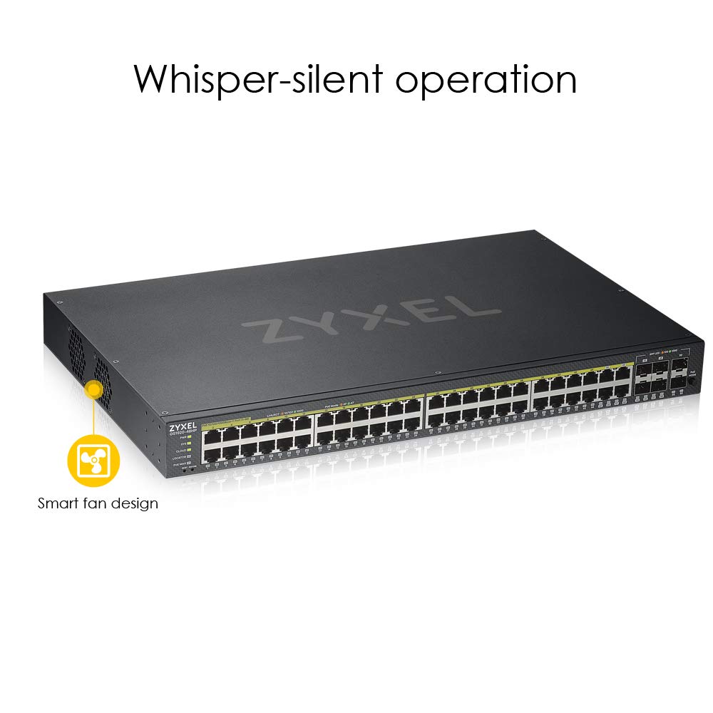 Zyxel Nebula Switch PoE+ inteligente de 48 puertos Ethernet Gigabit con 375 vatios, 4 puertos combo Gigabit y 2 puertos SFP y modo Cloud híbrido, Garantía de Por Vida [GS1920-48HPv2]